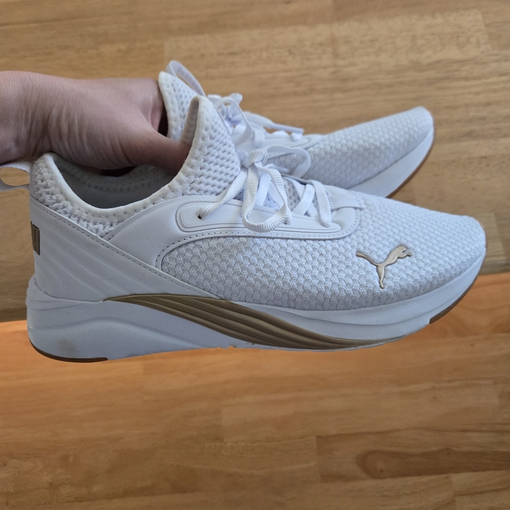Puma White and Gold Mesh Sneakers